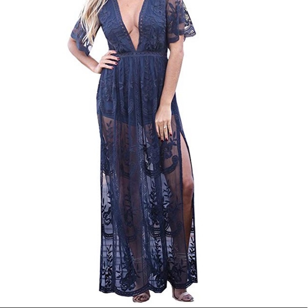 Lace Romper, V neck, split maxi, gorgeous